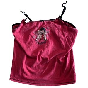 Y2K Vintage Betty Boop Red Camisole Top Glitter Star Graphic Tie Strap Womens s